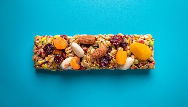 colorful granola bar with dried fruits and cereals on pastel blue healthy snack product on modern minimal background