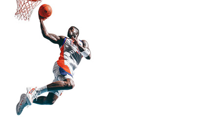 Male basketball player soaring through the air to dunk the ball with intense focus and athleticism.