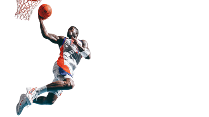 Male basketball player soaring through the air to dunk the ball with intense focus and athleticism.