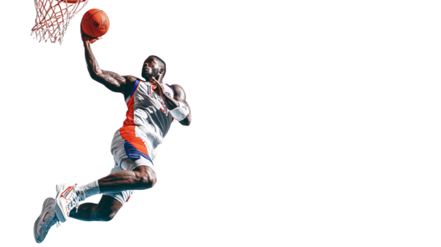 Male basketball player soaring through the air to dunk the ball with intense focus and athleticism. - Powered by Adobe