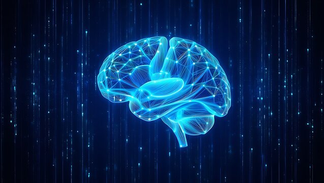 Futuristic glowing blue digital brain with intricate neural network connections and data streams representing artificial intelligence and advanced technology on a dark background