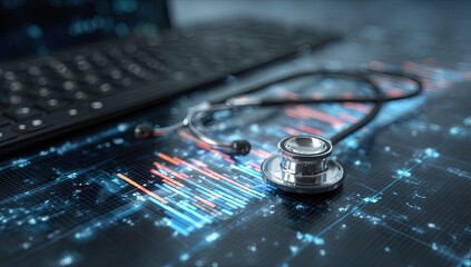 Stethoscope on a laptop keyboard over a digital data display