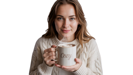 Young Woman Enjoying a Cozy Hot Drink in a Cable Knit Sweater