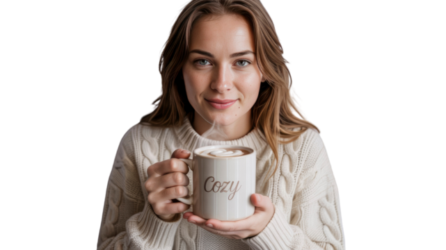 Young Woman Enjoying a Cozy Hot Drink in a Cable Knit Sweater