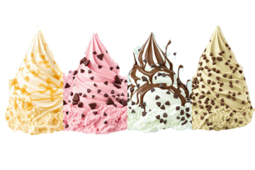 Vanilla, Strawberry, Chocolate, Mint Chocolate Chip ice cream transparent PNG set bundle, isolated background. White paper cup mockup, parlour shop menu dessert, vibrant colorful classic flavour