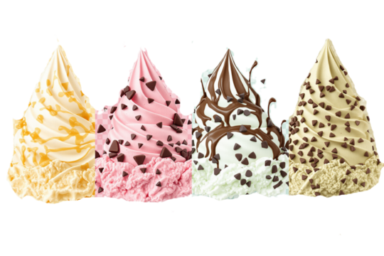 Vanilla, Strawberry, Chocolate, Mint Chocolate Chip ice cream transparent PNG set bundle, isolated background. White paper cup mockup, parlour shop menu dessert, vibrant colorful classic flavour