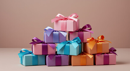 Obraz premium Stacked colorful gift boxes with ribbons for celebrations and special occasions.