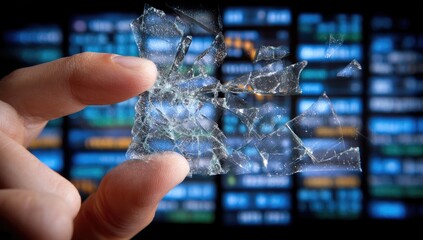A hand holds shattered glass in front of a digital display