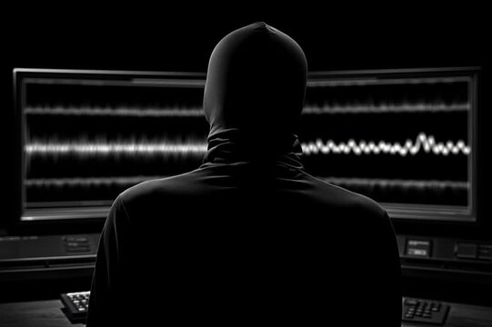 Silhouette watching seismic lines on analog seismograph screen in dark room