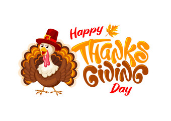 Happy Thanksgiving Day lettering. Hand drawn inscription by brush with cheerful cartoon turkey. Cute funny design with warm colors for Thanksgiving holiday celebration. Vector illustration