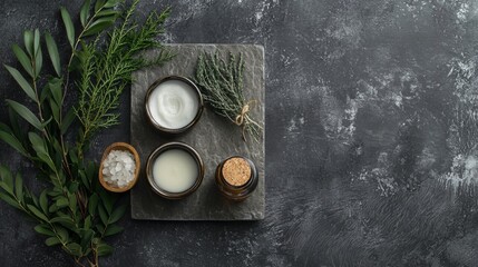 Top view of olive oil and spices on dark table for Mediterranean product photography cooking composition branding culinary flatlay gourmet visuals