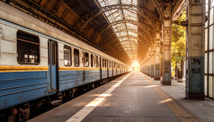 Vintage Train at Railway Station under Evening Sunlight casting Long Shadows over Platform