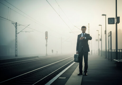 Man with briefcase checking watch on empty foggy morning train platform