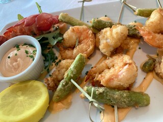 shrimp and lobster bites with asparagus
