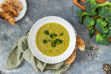 Spring broccoli green cream soup .Healthy food concept