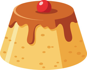 Delicious caramel custard dessert topped with a bright red cherry a classic sweet treat
