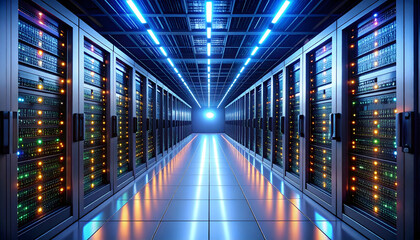 Illuminated Server Room Corridor with Rows of Racks and Bright Blue Overhead Lighting
