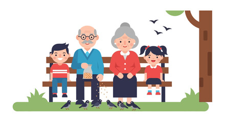 A happy multi-generational family, grandparents and grandchildren, enjoying a sunny day in the park, feeding birds from a bench under a tree.