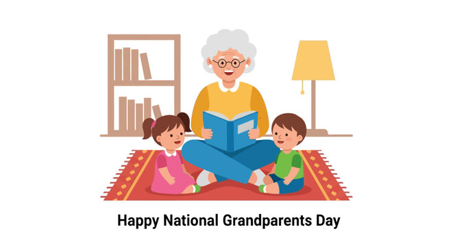 A loving grandmother reads a storybook to her two young grandchildren, a boy and a girl, celebrating National Grandparents Day. - Powered by Adobe