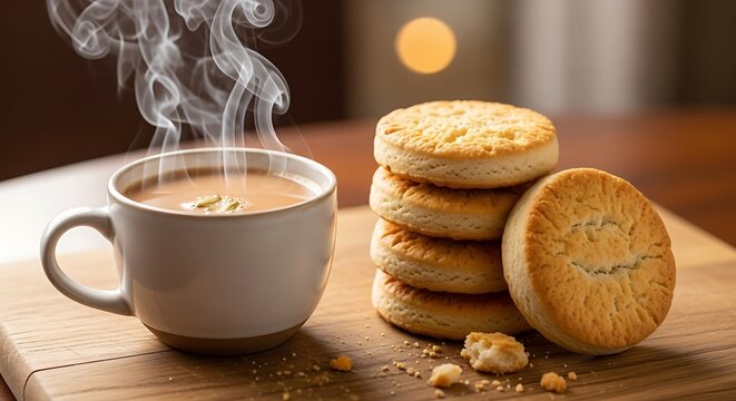 A cup of masala chai with steam and a stack of biscuits on a wooden board, close up