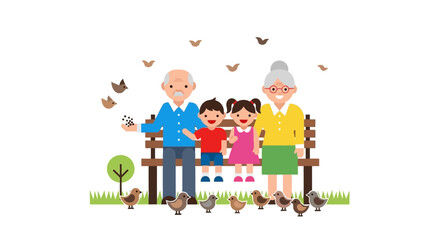 Naklejka premium An illustration depicting a happy family of grandparents and two young children sitting on a park bench, with the grandfather feeding a flock of birds.