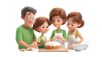 A happy family of four, featuring a man, woman, and two girls joyfully baking a cake together in a warm kitchen setting.