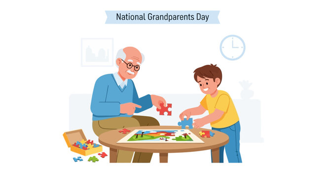 Grandfather and grandson working together on a jigsaw puzzle, celebrating National Grandparents Day.