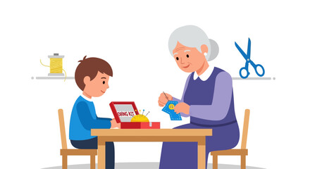 Grandmother teaching grandson basic sewing skills at a table.