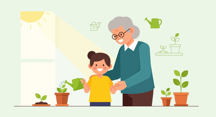 Grandmother and grandchild happily gardening together, nurturing young plants in pots.