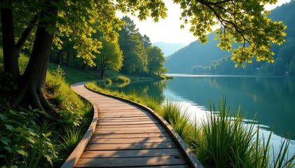 Rustic boardwalk curves towards tranquil lake, sun dappled trees , vacation, adventure, escape