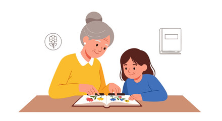 Grandmother and granddaughter joyfully reading a colorful book together at a table.