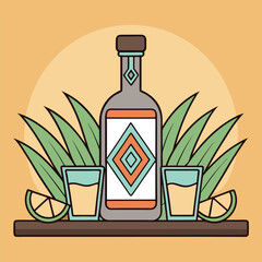 Festive Tequila Bottle and Shots with Lime Slices on a Shelf