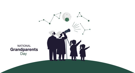A family with grandparents and children stargazing with a telescope on National Grandparents Day.