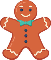 A cheerful cartoon gingerbread man cookie with blue icing details and a bow tie isolated on a white background