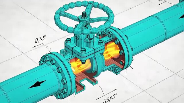 Animated Pipeline Valve with Flowing Heat Visualization and Technical Blueprint Style