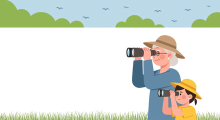 Obraz premium An elderly woman and a young child birdwatching together with binoculars outdoors.