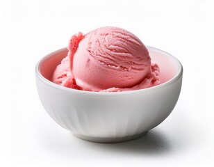 single scoop of pink strawberry ice cream in white bowl isolated on white background