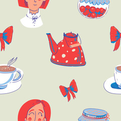 Cartoon seamless pattern with red teapot, coffee cup, cute bow and red hair woman