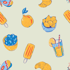 Summer seamless pattern with yellow food and drink