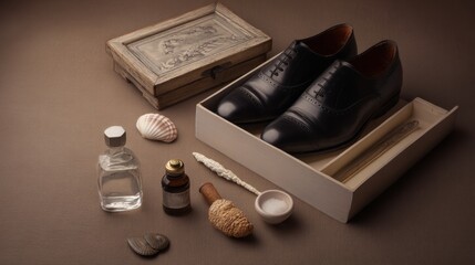 Elegant black leather shoes and grooming items on brown surface for fashion product photography masculine style branding composition lifestyle