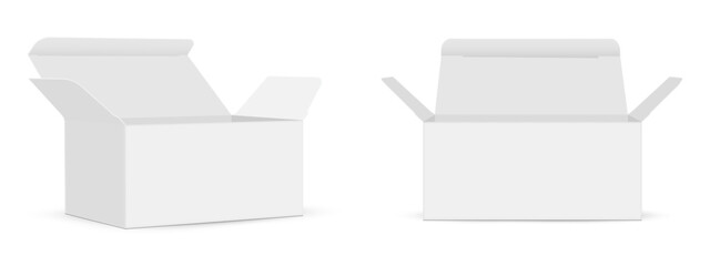 Vector illustration of open rectangular cardboard boxes with flaps, front and side views, isolated on white background. Perfect mockup for packaging design, branding, shipping, and retail presentation