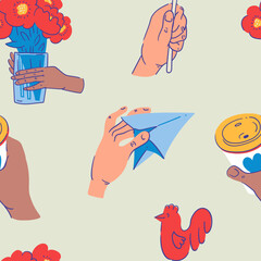 Hand drawn cozy human hands with coffee, flowers, and red popsicle in bright summer colors