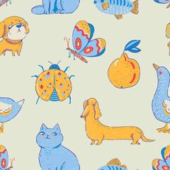 Summer seamless pattern with cats and birds, fish and fruits