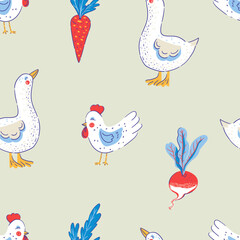 Hand drawn  funny goose and chicken rustic seamless pattern