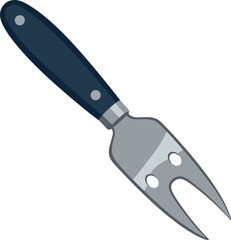 A simple illustration of a cheese fork with a dark blue handle and a shiny metal fork head on a white background