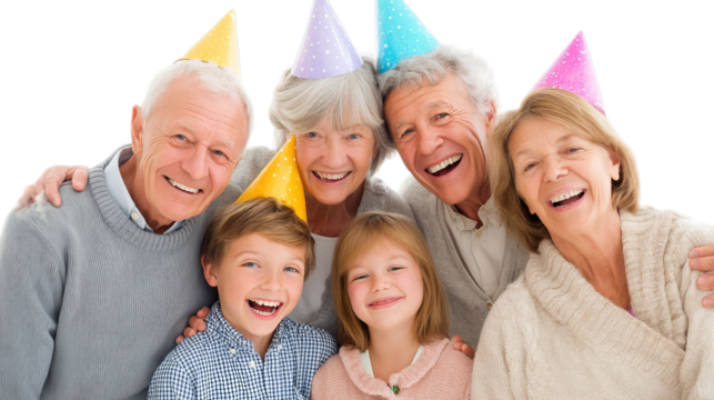 A joyful multi-generational family celebrate together with party hats. Smiles and laughter fill the air, creating cherished memories.