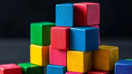 Colorful wooden blocks stacked creatively for educational toy branding photography childhood composition play design vibrant kids learning visuals