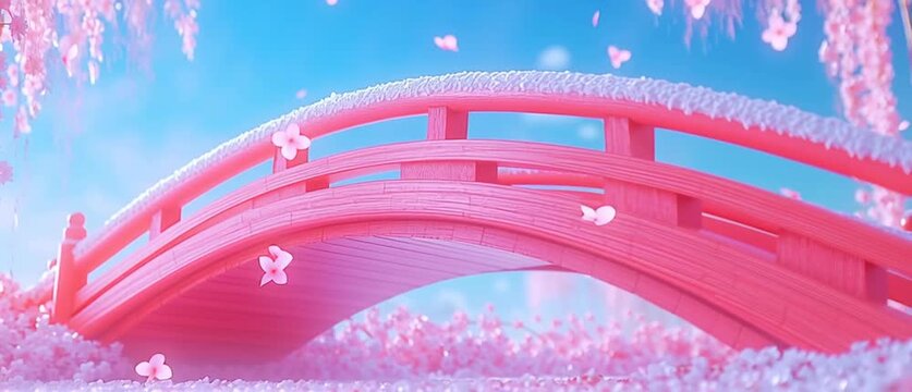 A pink bridge with pink flowers and pink snow. The bridge is wooden and has a pink color