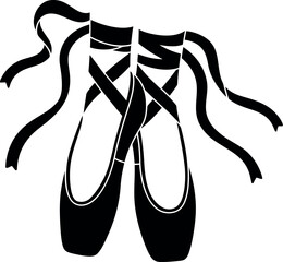 Elegant black and white illustration of ballet pointe shoes with satin ribbons tied in a bow symbolizing grace and dance