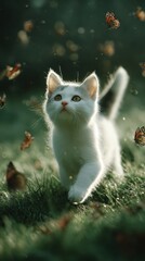 Playful White Kitten Chasing Butterflies in a Sunlit Meadow